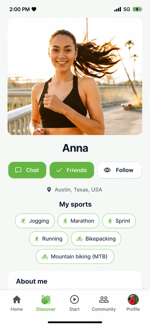 Sports profile in the Comovo app