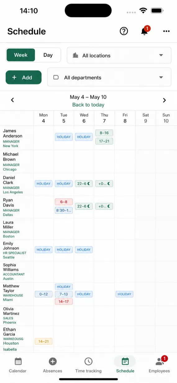 Weekly work schedule in the Kadry Mini app